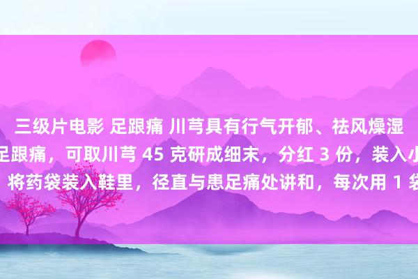 三级片电影 足跟痛 川芎具有行气开郁、祛风燥湿、活血止痛的功效。足跟痛，可取川芎 45 克研成细末，分红 3 份，装入小布袋内缝好。将药袋装入鞋里，径直与患足痛处讲和，每次用 1 袋，3 袋瓜代使用，换下药袋晒干仍可用。